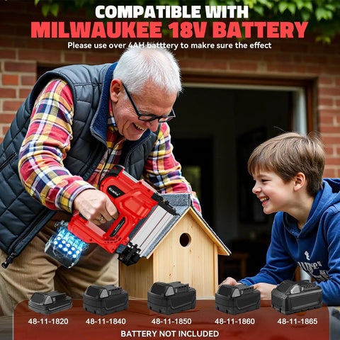 Man using 2-In-1 Cordless Brad Nailer And Stapler for Trim Wood DIY, 18 Gauge, Battery Not Included, with child watching