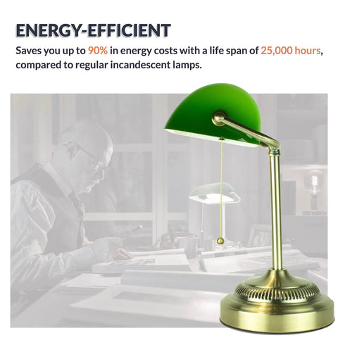 Morgan Antique Green LED Bankers Desk Lamp With Adjustable Arm, Energy Efficient Task Light, Flicker Free 750 Lumens