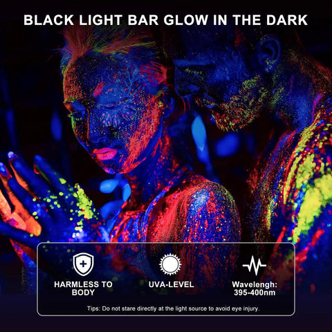 Two Pack Super Bright 54W UV Black Lights with Remote 18 Real LED Blacklight Bars Glow Up Your Parties, glowing people in dark
