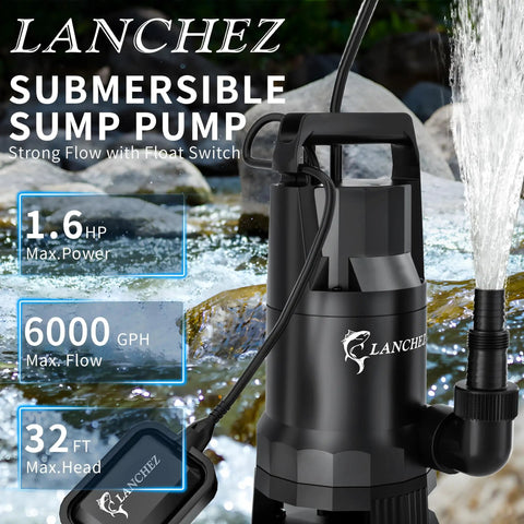 Beast 1.6 HP Submersible Sump Pump With Float Switch, 6000 GPH flow, black heavy duty design, outdoor use