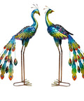 Two Pack Solar Peacock Garden Decor Lights Metal Peacocks Statue With LED Lighting Waterproof Outdoor Yard Art