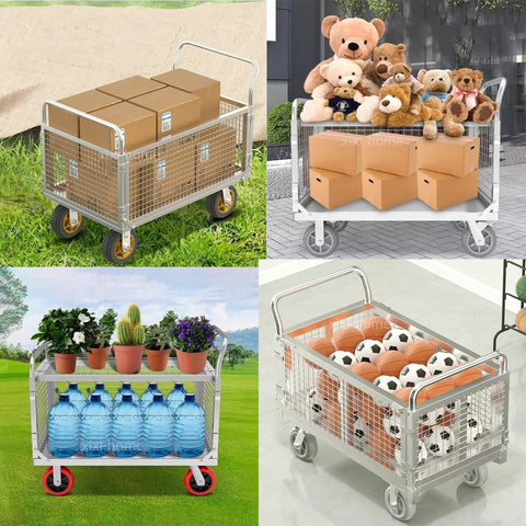 Heavy Duty Fold Flat Platform Cart With Reinforced Cage holds boxes and toys, outdoor and indoor use, sturdy steel design for 660 pounds.