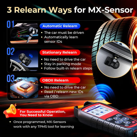 MX Sensor TPMS One Sensor With 315 And 433 MHz Metal Valve Press In Programmable Tire Pressure Sensor For Easy Auto Tire Maintenance And Seamless Wheel Fitment relearn methods and TPMS tool