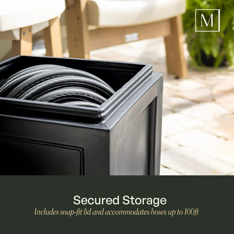 Built Tough Black Garden Hose Bin Storage Box That Holds Up To 100 Feet Of Standard Hose 17 By 17 By 18 Inches UV Fade Resistant Weatherproof Outdoor Organizer showing secured storage with hose inside