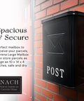 Classic London Style Wall Mount Mailbox In Black Matte Finish Outdoor Front Door Mailbox Weather Resistant Covered Mailbox For Outside Wall 9.5 x 4.72 x 14.96 Inches Old School Charm For Modern Homes displayed on a red brick wall
