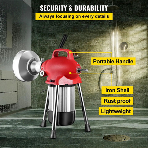 Heavy Duty Electric Drain Cleaner Manganese Steel Snake showing portable handle, iron shell, and rust proof design.
