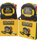 Two pack 25 foot tape measure with 1 inch nylon coated blade dual sided matte white and yellow print feet inches fractions and metric true zero hook heavy duty anti skid case for quick measurements, shown in packaging.