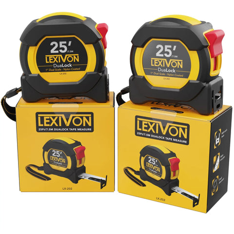 Two pack 25 foot tape measure with 1 inch nylon coated blade dual sided matte white and yellow print feet inches fractions and metric true zero hook heavy duty anti skid case for quick measurements, shown in packaging.