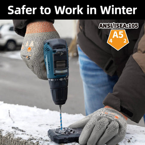 Person wearing 12 Pairs Winter Work Gloves With PU Coating, ANSI Cut Level 5 Protection, using a drill outside in cold weather.