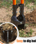 Heavy Duty Post Hole Digger With Fiberglass Handle And Carbon Steel Blades 58 Inch Reach Orange And Black in action on soil