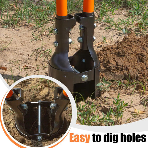Heavy Duty Post Hole Digger With Fiberglass Handle And Carbon Steel Blades 58 Inch Reach Orange And Black in action on soil