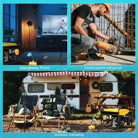 RV Distribution Adapter 50 Amp To 20 Amp 110V NEMA 14 50P To Four 5 20R And 15R shown in various settings like camping and construction site.