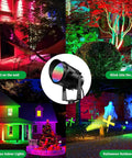 Outdoor RGB LED Flood Lights With Stakes 12W Color Changing Landscape Lighting 120V Plug In Waterproof Floodlight Kit With Remote 270 Degree Adjustable Memory Function 4 Pack For Garden Yard Path, illuminating different outdoor scenes.