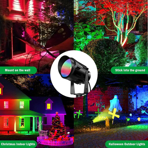 Outdoor RGB LED Flood Lights With Stakes 12W Color Changing Landscape Lighting 120V Plug In Waterproof Floodlight Kit With Remote 270 Degree Adjustable Memory Function 4 Pack For Garden Yard Path, illuminating different outdoor scenes.