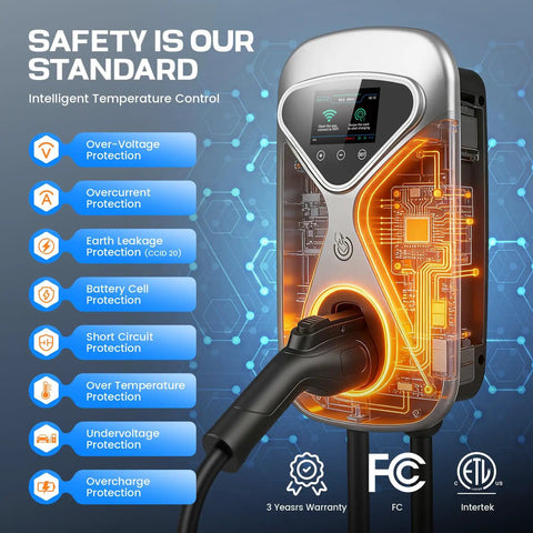 Level 2 EV Charger 50 Amp Hardwired With 48 Miles Per Hour Wicked Fast Charging interior with safety features listed
