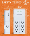 Side and front view of wall outlet with surge protection and USB ports, featuring 6 rotating AC plugs plus 2 USB ports, white.