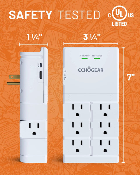 Side and front view of wall outlet with surge protection and USB ports, featuring 6 rotating AC plugs plus 2 USB ports, white.