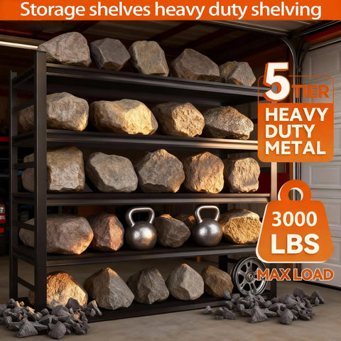 Heavy Duty 5 Tier Garage Shelving Unit With Anti Fall Rails Steel Industrial Shelving 3000 Lbs Capacity Adjustable Shelves 72 Inch Long Black Storage Rack For Tools Equipment Garage And Basement loaded with stones and weights