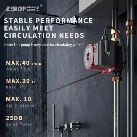 Efficient Hot Water Recirculating Pump 93W installed on plumbing, showcasing features like max 40L/min flow and 25DB quiet operation.
