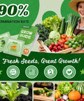 Woman holding basket with vegetables next to 45 Variety Vegetable Seed Kit With Over 17,000 Heirloom Seeds For Indoor And Outdoor Gardens Seed Vault Kit For Grow-Your-Own Tomato Cabbage Spinach And More Gift For Mother's Day Women And Friends packaging.