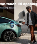 Man using Tesla Level 1 2 Portable EV Charger With 20Foot Cable 3.5kW Home Charging Station, Models S X 3 Y, outdoor setup