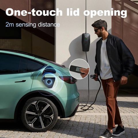 Man using Tesla Level 1 2 Portable EV Charger With 20Foot Cable 3.5kW Home Charging Station, Models S X 3 Y, outdoor setup