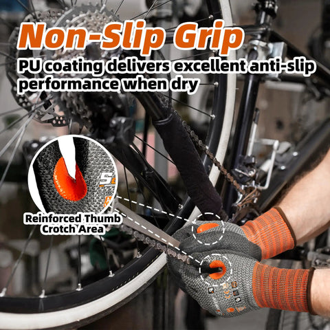 12 Pairs Cut Resistant Work Gloves With PU Coating For ANSI A4 Level Protection, Touchscreen Compatible, Non Slip Grip, repairing bike