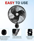 18 Inch Wall Mount Oscillating Fan With Aluminum Blades, High Velocity Airflow Up To 4592 CFM, 3 speed settings display