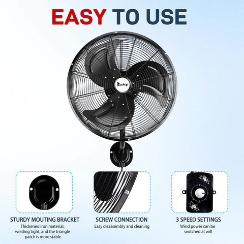 18 Inch Wall Mount Oscillating Fan With Aluminum Blades, High Velocity Airflow Up To 4592 CFM, 3 speed settings display