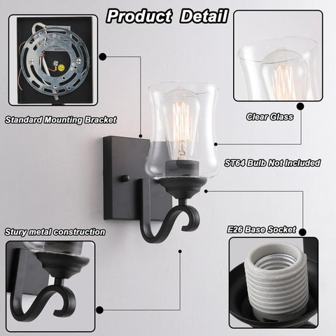 Winsmart Black Wall Sconces Set of Two Hard Wired, features sturdy metal construction and clear glass shade.