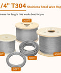 Various lengths of Heavy Duty Quarter Inch Stainless Steel Cable 25 Ft Wire Rope With 7x19 Aircraft Cable Construction on spools.