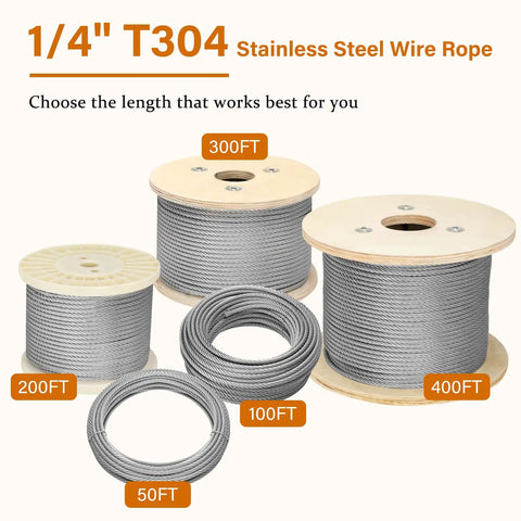 Various lengths of Heavy Duty Quarter Inch Stainless Steel Cable 25 Ft Wire Rope With 7x19 Aircraft Cable Construction on spools.