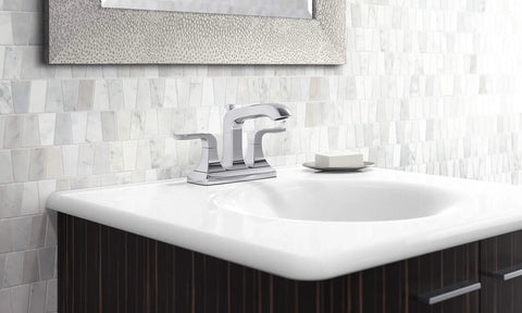 Rubicon 4 Inch Centerset 2-Handle Bathroom Faucet In Vibrant Brushed Nickel Finish on modern sink