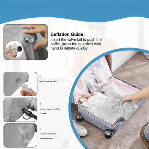 Deflation guide for Thoughtful Inflatable Bed Rail For Seniors With Universal Twin To King Fit next to luggage