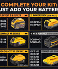 Image displaying various DeWalt battery models compatible with 20V MAX and Flexvolt tools for efficient power solutions.