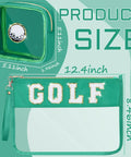Golf Gifts Must Have Cosmetic Makeup Bag With Chenille Patch Clear PVC Organizer Pouch size guide with green golf design.