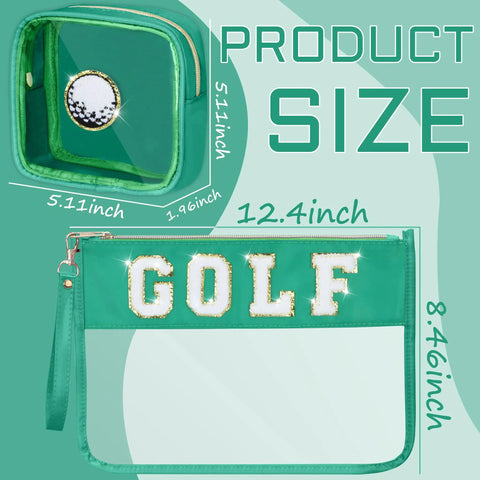 Golf Gifts Must Have Cosmetic Makeup Bag With Chenille Patch Clear PVC Organizer Pouch size guide with green golf design.