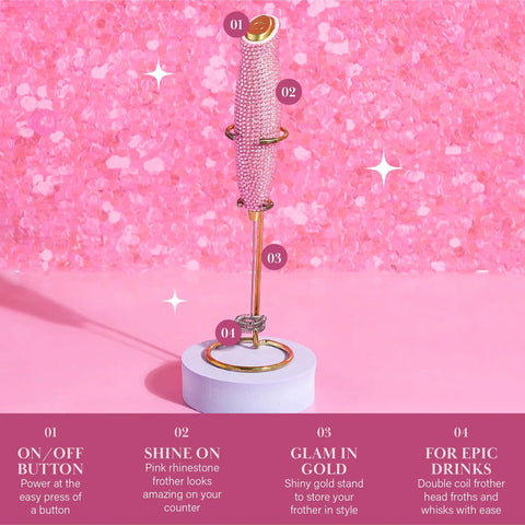 Electric Rhinestone Handheld Milk Frother With Double Coil Whisk And Gold Stand Pink Battery Powered Portable Frother For Lattes Cappuccinos And More Fast Foaming In Under 30 Seconds Requires 2 AA Batteries Not Included on pink backdrop.