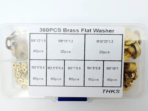 Brass Flat Washer Set 360 Pcs Assortment Kit M2 M2.5 M3 M4 M5 M6 M8 M10 With 0.4 To 1.2 mm Thickness, Perfect For Outdoor Humid Environments, Marine Hardware, Motors, Cylinders And Valves; clear box label with assorted brass washers