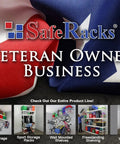 Rock Solid Heavy Duty Steel Wall Mount Tire Rack, Adjustable Black Garage Storage Shelf with US flag background.