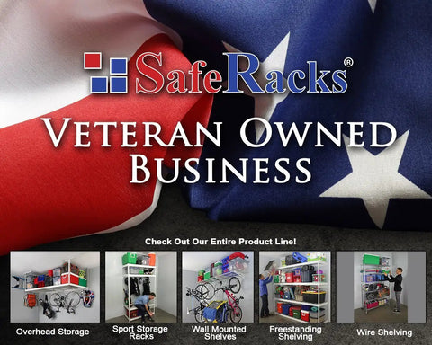 Rock Solid Heavy Duty Steel Wall Mount Tire Rack, Adjustable Black Garage Storage Shelf with US flag background.