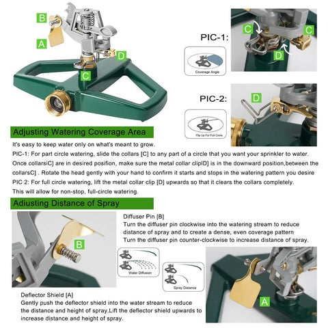 Instructions for adjusting a Heavy Duty Metal Pulsating Sprinkler For Yard, 360 Degree Rotating Automatic Water Sprinkler For Lawn With Metal Base