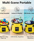 Foldable 3.2 Gallon Water Bucket with handle used for beach toys, instant ice bucket, and beach gear on sandy beach