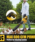 Person using Cordless Leaf Blower With 600 CFM And 125 MPH Turbo Boost Compatible With Dewalt 20V Max Batteries outside on grass