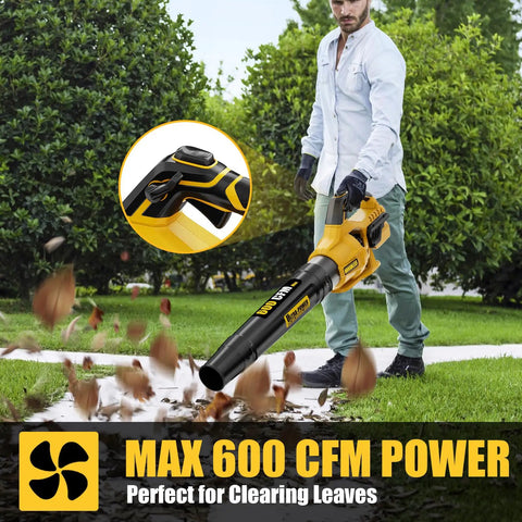 Person using Cordless Leaf Blower With 600 CFM And 125 MPH Turbo Boost Compatible With Dewalt 20V Max Batteries outside on grass