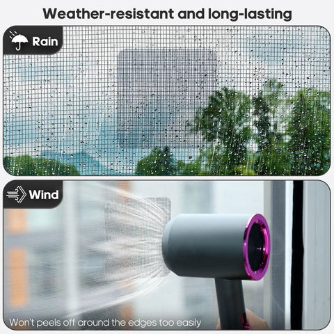 DIY Window Screen Patch Repair Kit With 14 Sheets Grey Black 3 Size Options Strong Adhesive Fiberglass Tape installed on window during rain and wind test