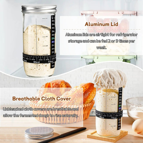 Ultimate Sourdough Starter Kit For Home Bakers And Bread Nerds with 24 oz glass jar, aluminum lid, and breathable cloth cover.