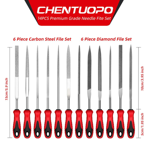 All In One Do It Yourself File Set With Six Steel Files And Six Diamond Files shown with red handles on white background
