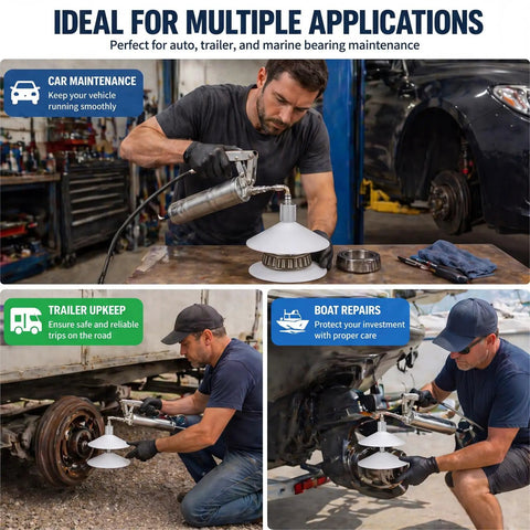 Bearing Grease Packer Tool For Cars Trucks And Trailers Fast Uniform Wheel Bearing Lubrication In Seconds shown in use settings