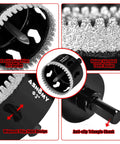 Close-up view of 4 Inch Diamond Hole Saw Kit with Pilot Drill Bit, serrated brazed diamond core drill bits, guide and shank visible.